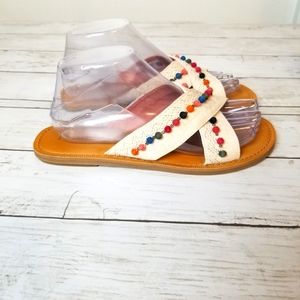 Toms Viv Embroidered Canvas Pom Pom Criss Cross Slip On Flat Sandals